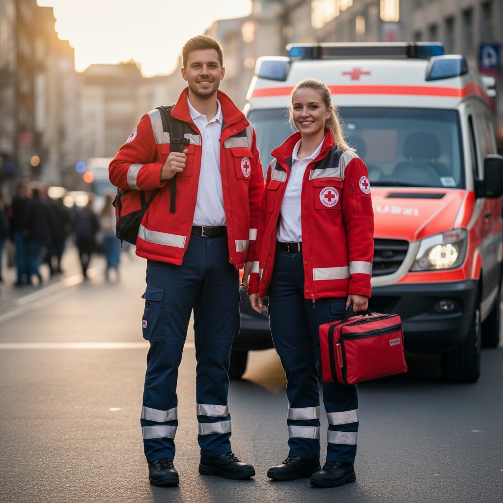 KI-generiert: Ein männlicher und eine weibliche Sanitäter stehen vor einem Rettungswagen und lächeln in die Kamera.